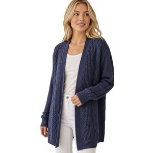 LL Bean Signature Cable Knit Open Front Cardigan Blue Size L Cozy
